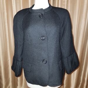 Talbots Black Wool Blend Ruffled Sleeve Blazer Size 14 Petite